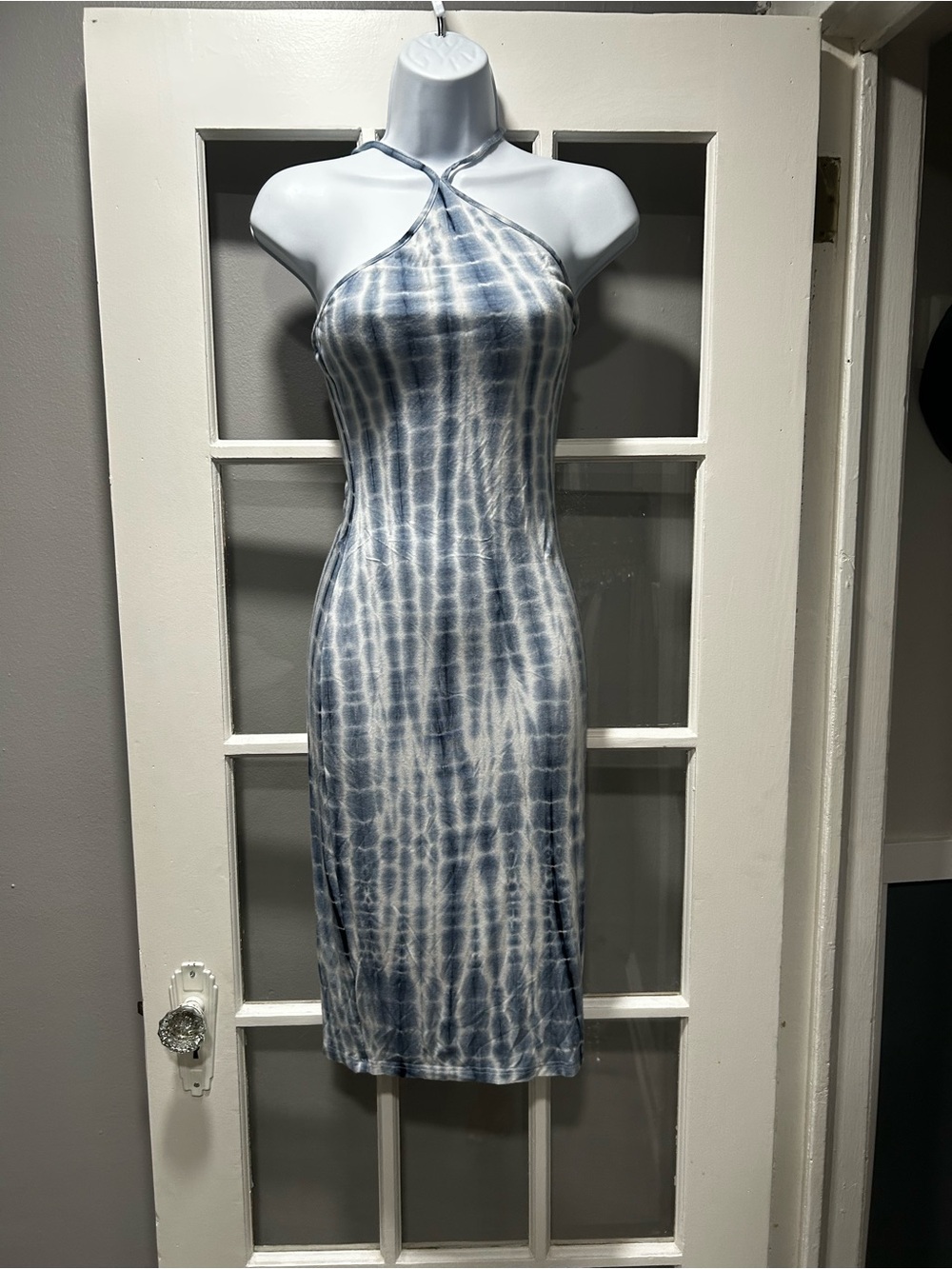 Blue Tie-Dye Shoulder Halter Midi Dress